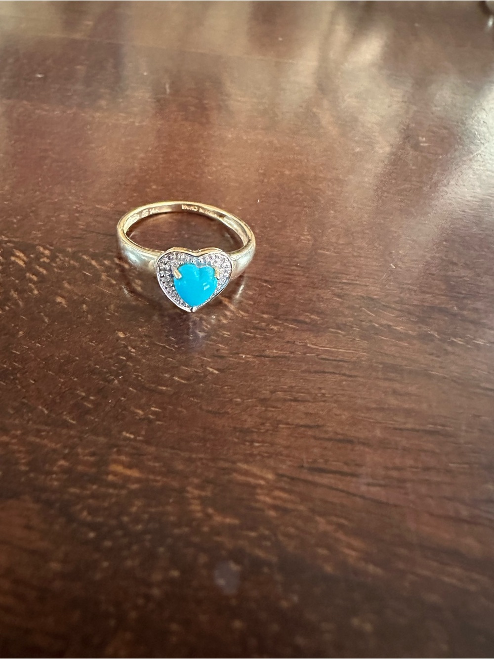 14K solid gold Heart Ring with Bright Blue Turquoise Center and Diamond Accent